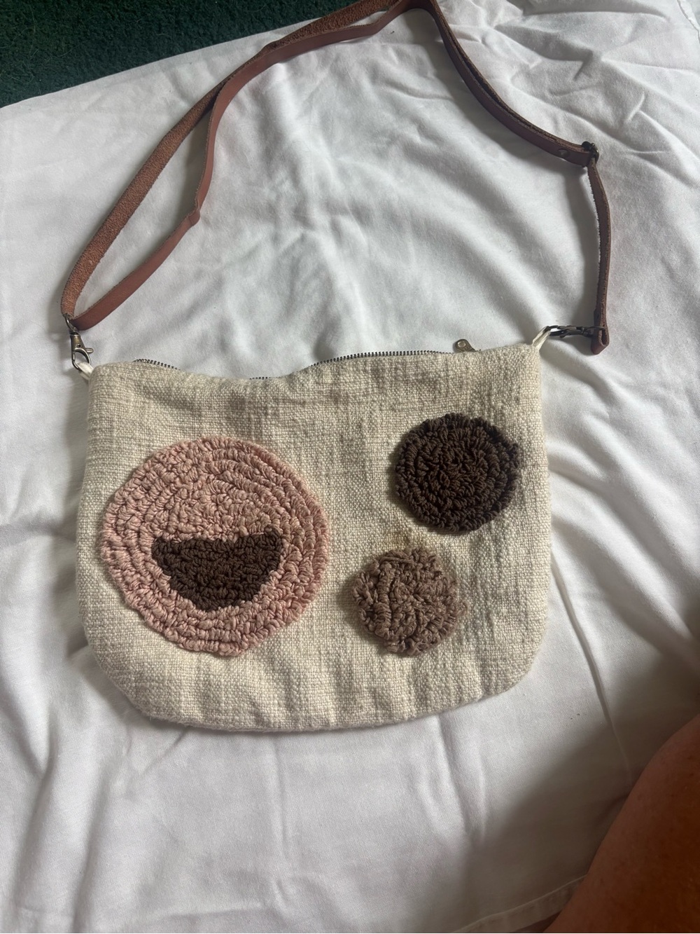 Neutral Woven Crossbody Bag with Pink and Brown Tufted Circles